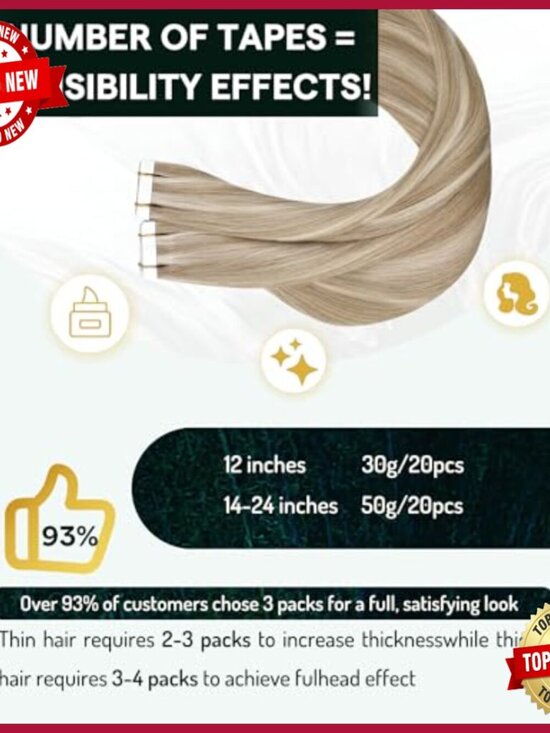 22 Inch Human Hair Tape-In Extensions, 50g 20pcs, Silky Straight